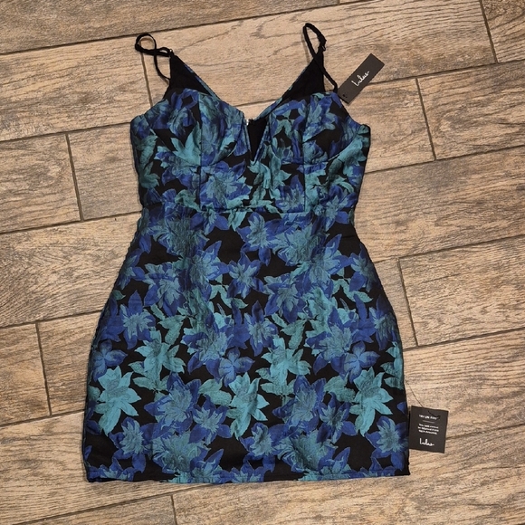 Lulu's Ready for Festivities Blue Multi Floral Jacquard Mini Dress NWT Sz Medium - Picture 2 of 7